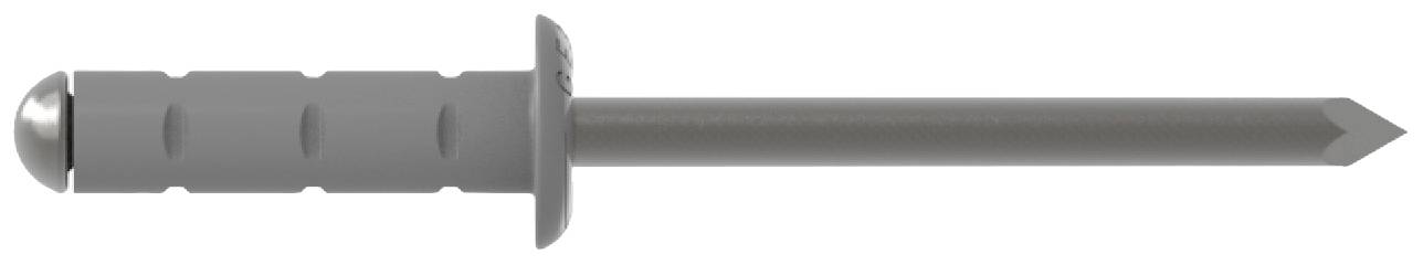 A grey nail with a textured shaft and a rounded head is shown against a white background.