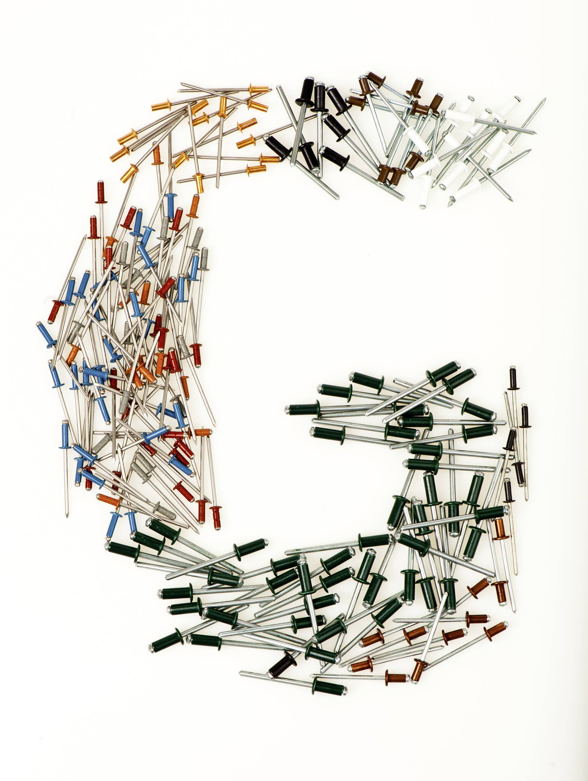 A configuration of colourful rivets on a white background, forming the shape of the letter "G".