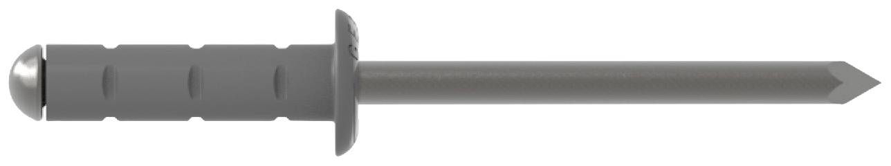 A grey impact fixing, consisting of a ribbed plastic wall plug and a metal screw with a flat head, secured within it.