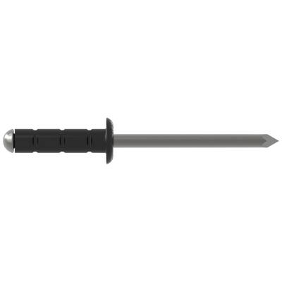 A black wall plug with a silver nail, commonly used to securely fasten materials to walls.