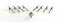 Eight silver metal bolts in two rows on a white background. An additional bolt lies horizontally in the middle at the front.