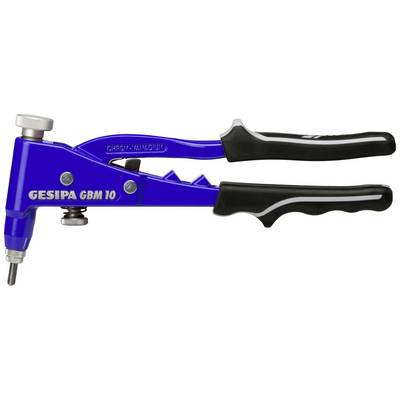 A blue hand riveter with black handles, model 'GESIPA GBM 10', shows a side view with distinctive lever arms.