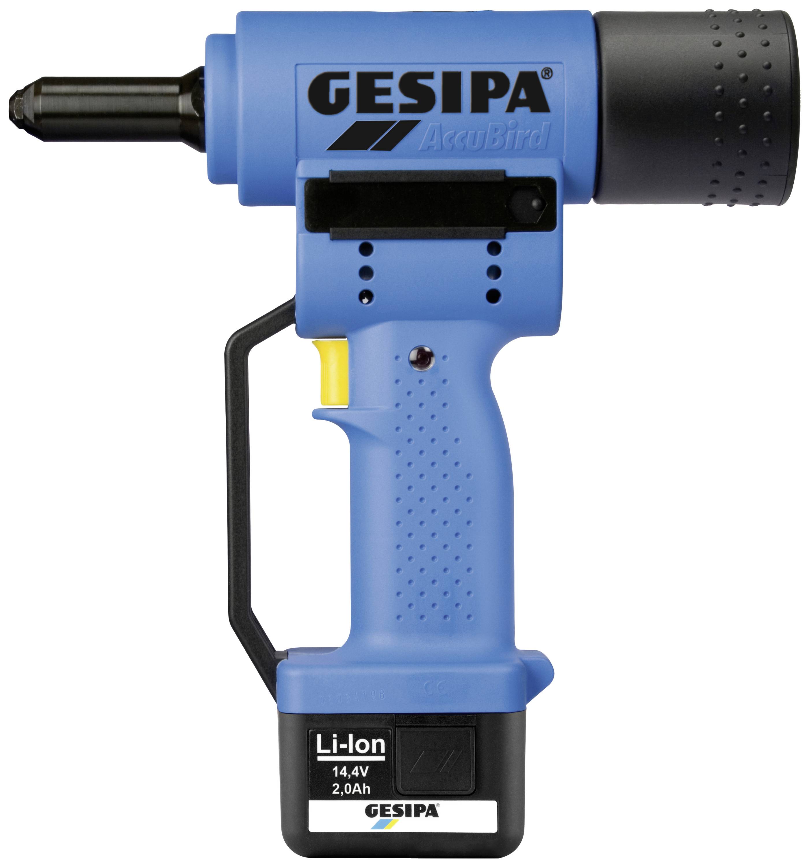 Battery-powered blind riveting gun in blue with an ergonomic grip, black head section and interchangeable battery. 'GESIPA' brand logo visible.