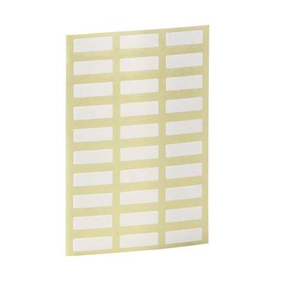 A sheet with rectangular, white labels on a beige background, arranged in multiple even rows.