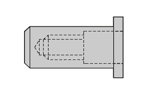 Technical drawing of a bolt with internal thread and flange. Shows cross-section view with dimension lines and detailed views.