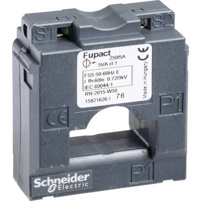 Schneider Electric current transformer, Fupact model, 250/5A, for electrical applications. Black, rectangular device with connection terminals.