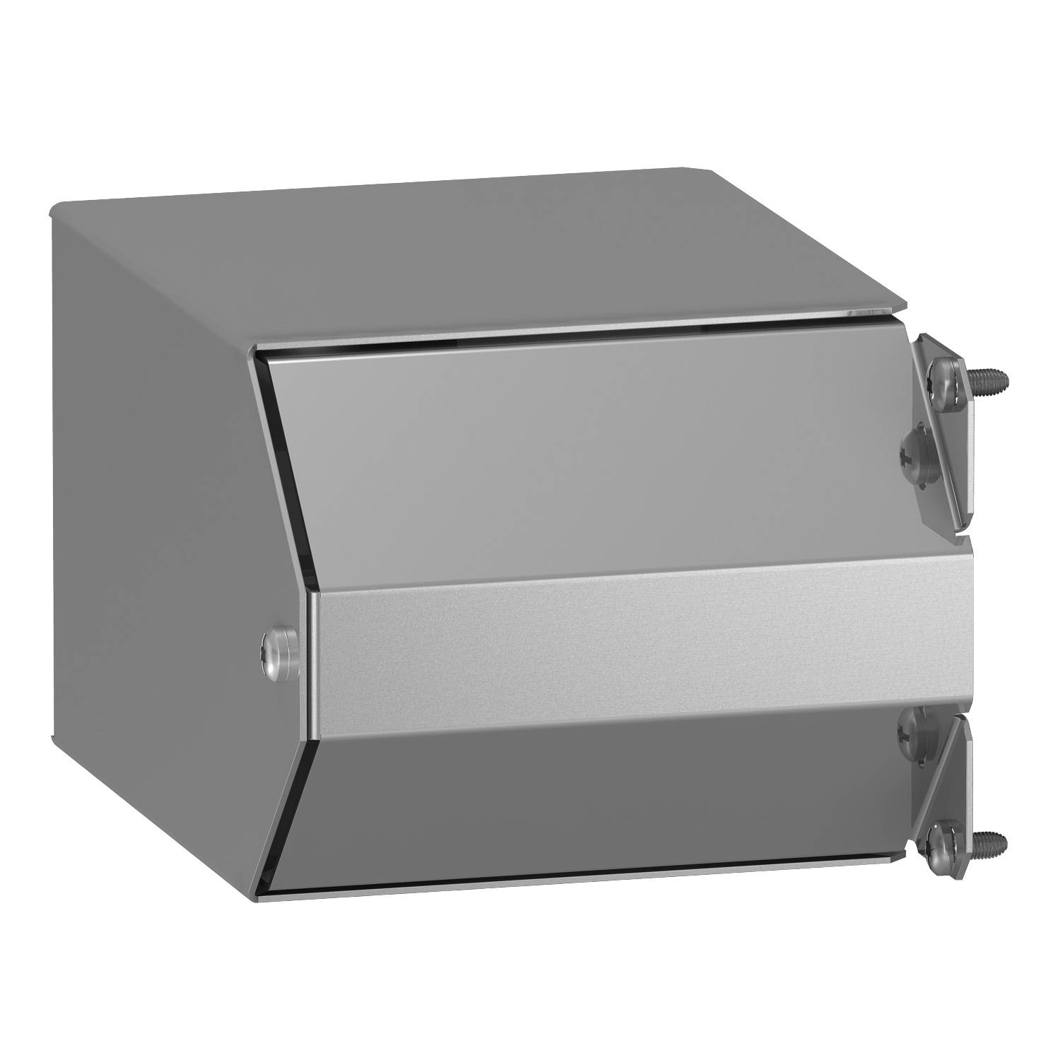 A closed, rectangular metal cabinet with a protruding handle on the right side, in a grey and silver colour.