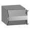 A closed, rectangular metal cabinet with a protruding handle on the right side, in a grey and silver colour.