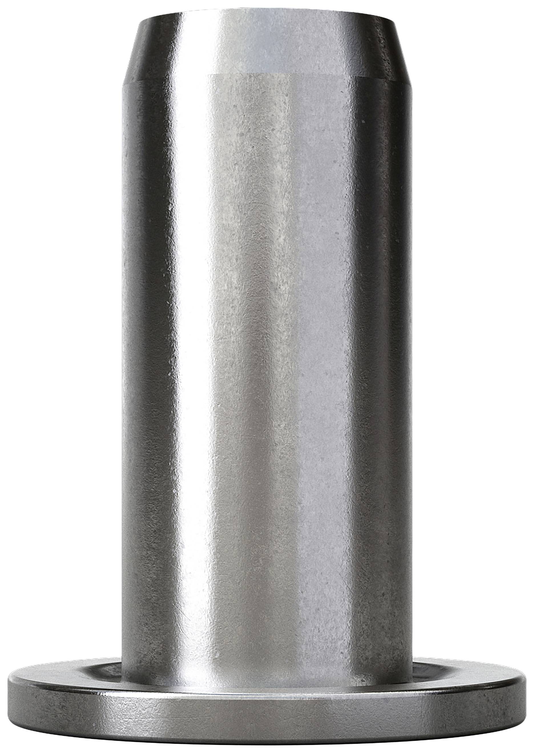 A cylindrical, silver metal bolt with a broad base.
