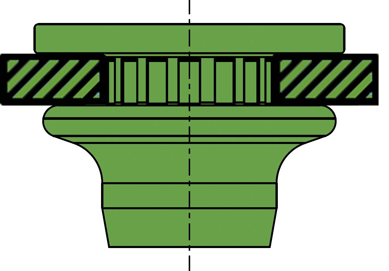 Cross-section of a technical drawing: A green, circular component with a striped area, likely a bearing or seal.