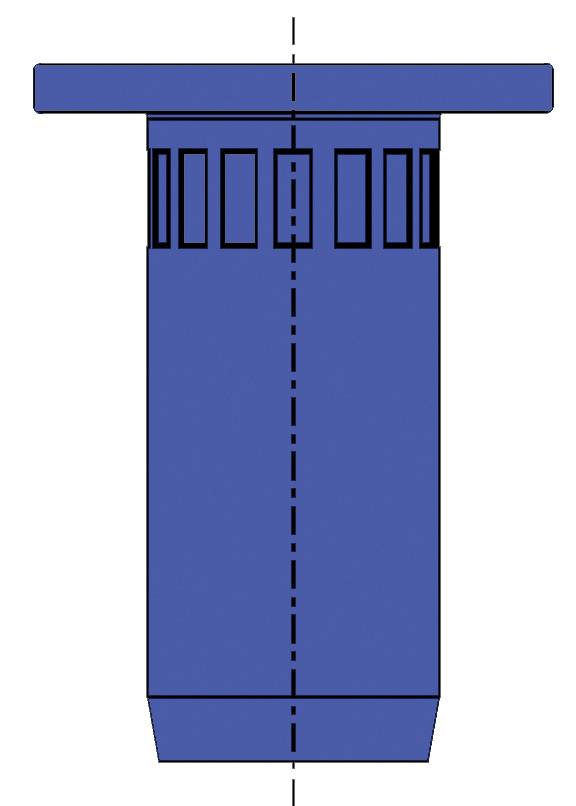 A blue cylindrical tower with a wide upper rim and rectangular cut-outs beneath the rim. Central symmetry axis.