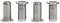 Four silver metal hollow rivets in a row. Each rivet has a broad, flat head and a hollow, cylindrical body.