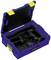 An opened blue tool case with yellow latches, featuring compartments and holders for various tools.