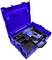 Blue tool case with an electrical device securely placed in compartments within the case. The case has a carry handle at the front.