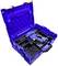 A blue tool case with a blue electric screwdriver inside. The case has a hexagonal pattern and multiple compartments.