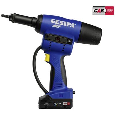 An electric rivet setter with a blue casing, black handle, digital display and removable battery unit.