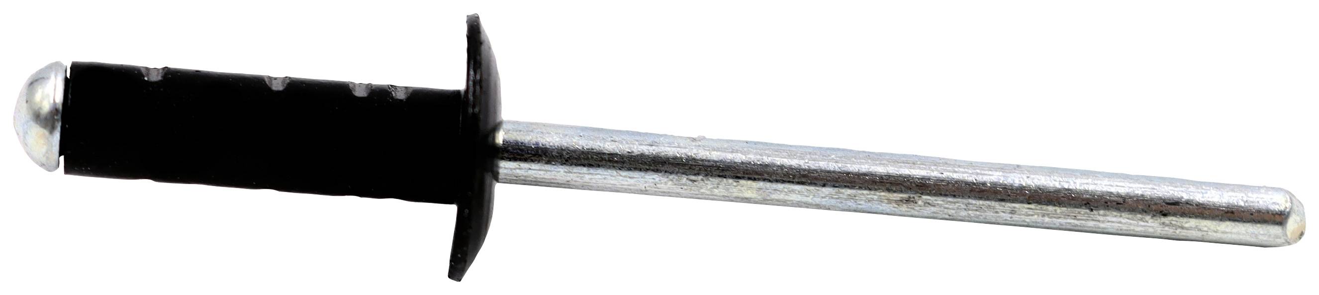 A pop rivet, consisting of a silver pin and a black head, used for joining material parts.