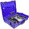 A blue plastic toolbox, empty inside with a hexagonal pattern on the inner side of the lid.