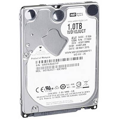An internal hard drive with a capacity of 1 terabyte from Western Digital. Model number 'WD10JUCT'.