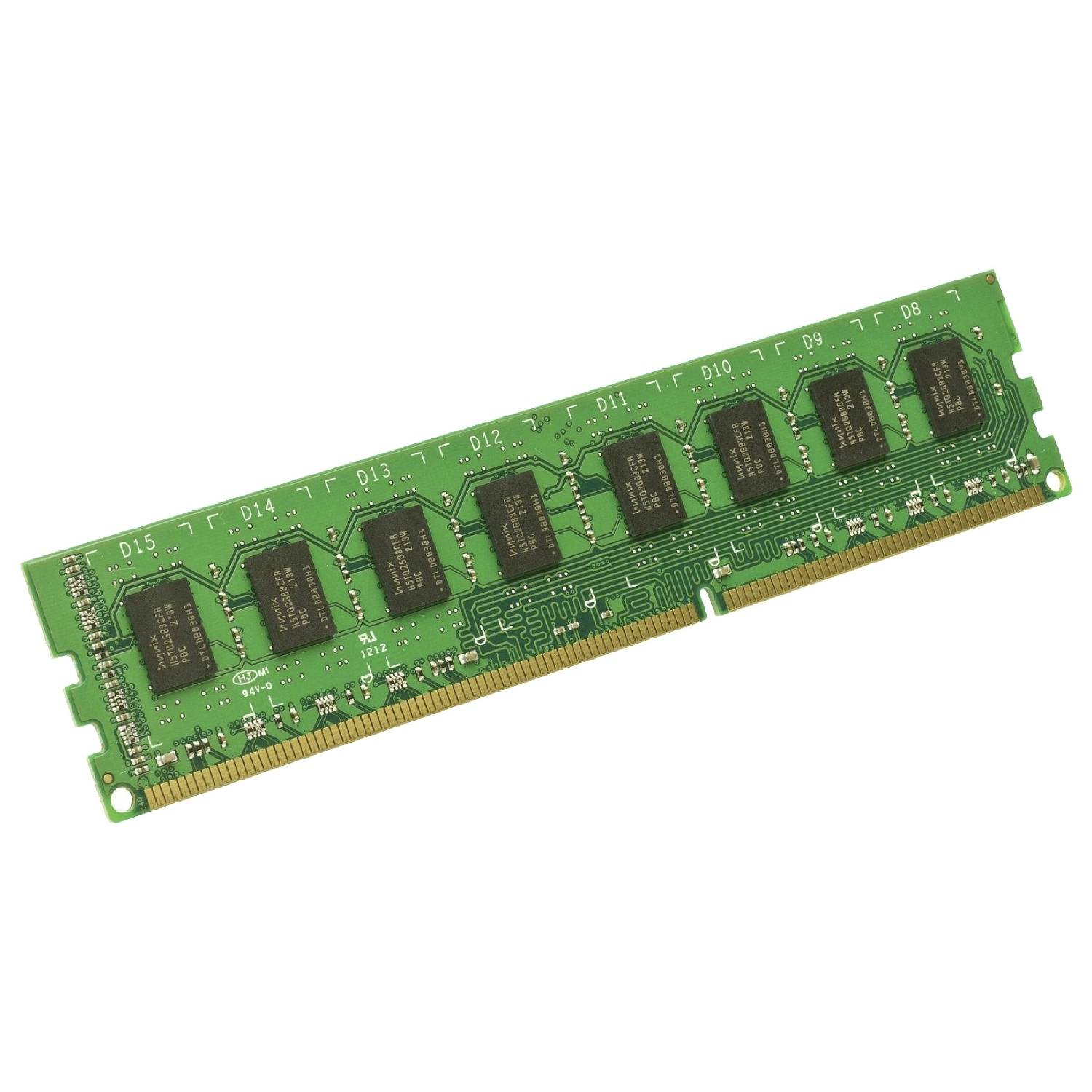 A green RAM memory module with multiple black memory chips, used for expanding computer working memory.