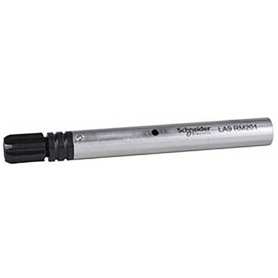 A silver cylindrical sensor with the inscription 'Schneider Electric LA9RM201'. The sensor has black ends.