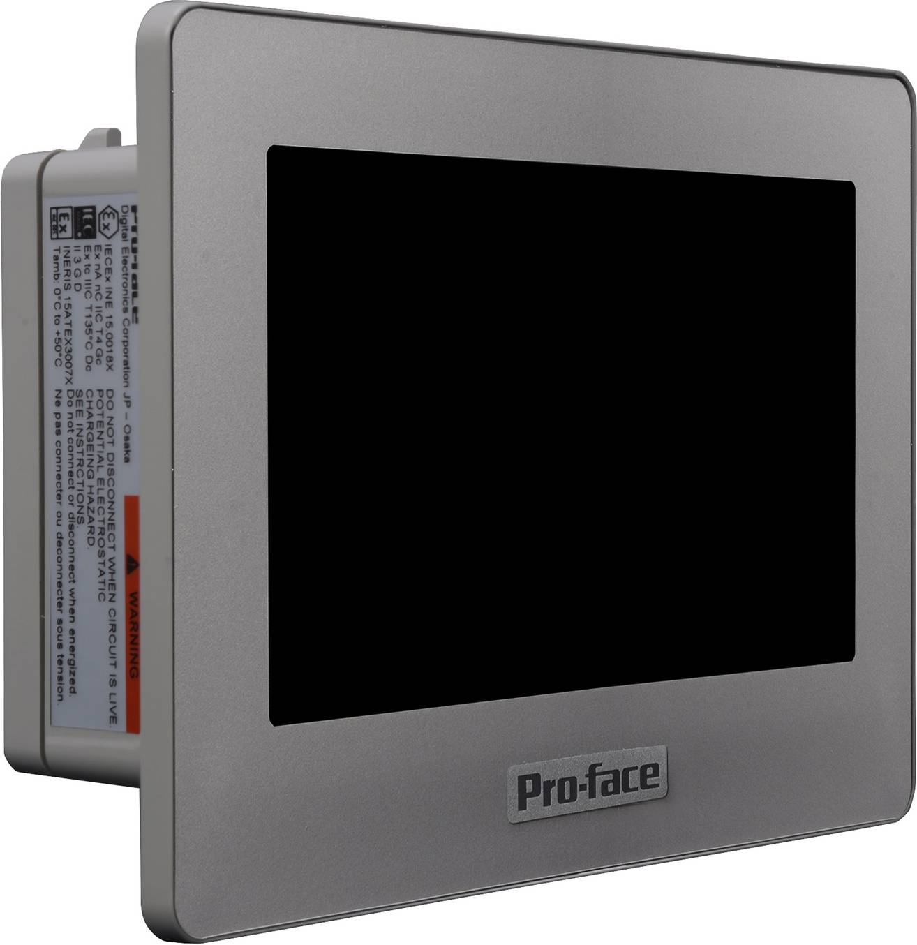 A silver-coloured control device with a black screen and the inscription 'Pro-face' on the front.