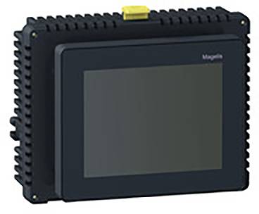 A black electronic display screen with a ribbed edge and a yellow switch at the top. Suitable for industrial applications.