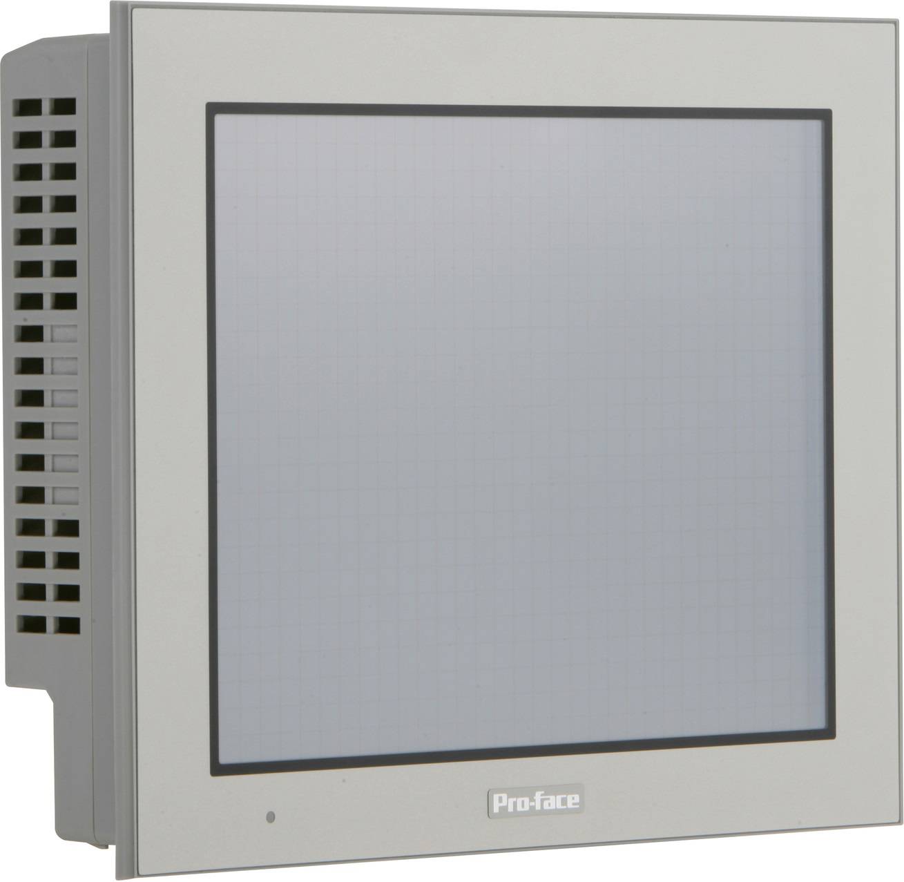 A grey, square touchscreen monitor with the 'Pro-face' label at the bottom. The monitor is switched off.
