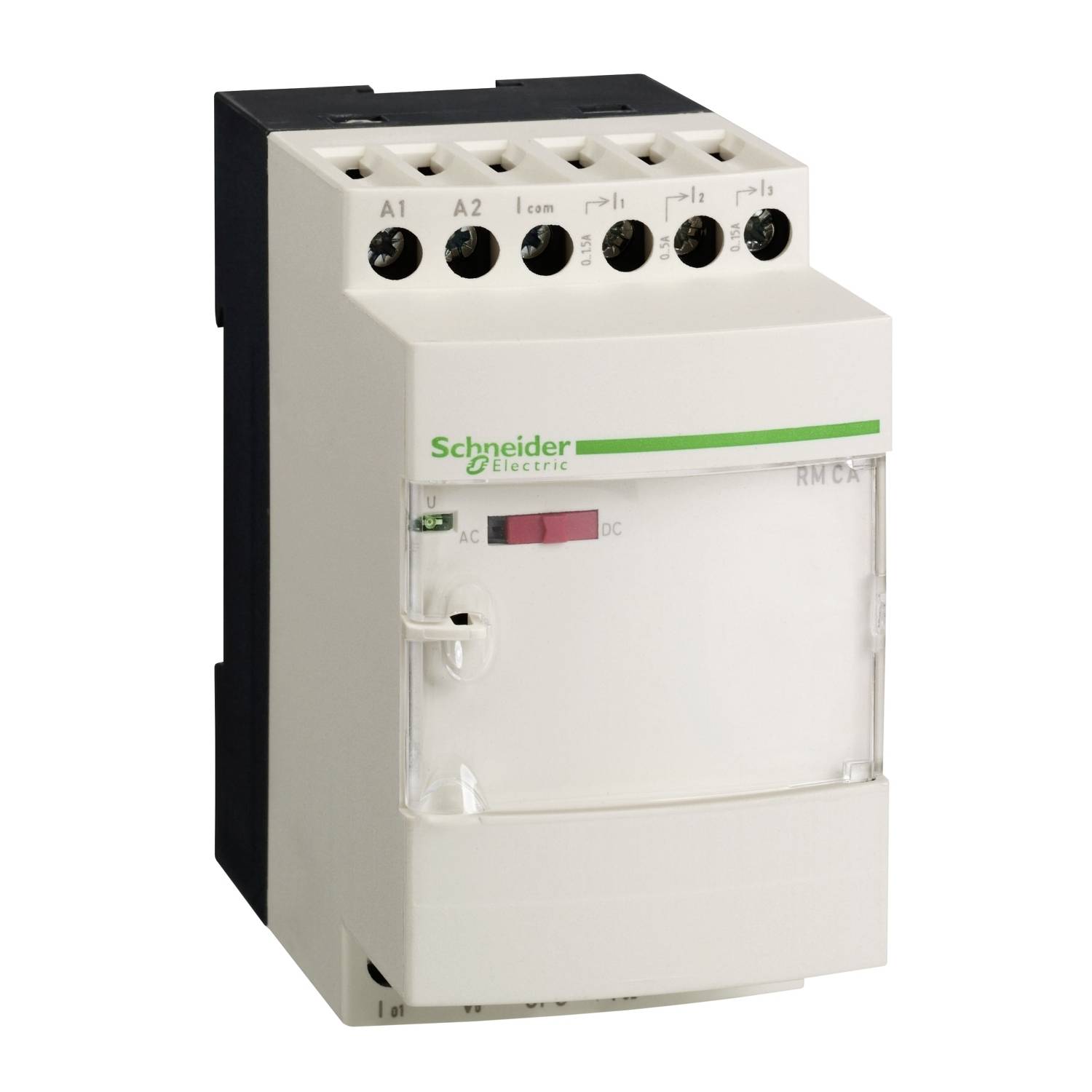 An electrical relay by Schneider Electric with terminal connections at the top and a switch for AC/DC settings on the front.