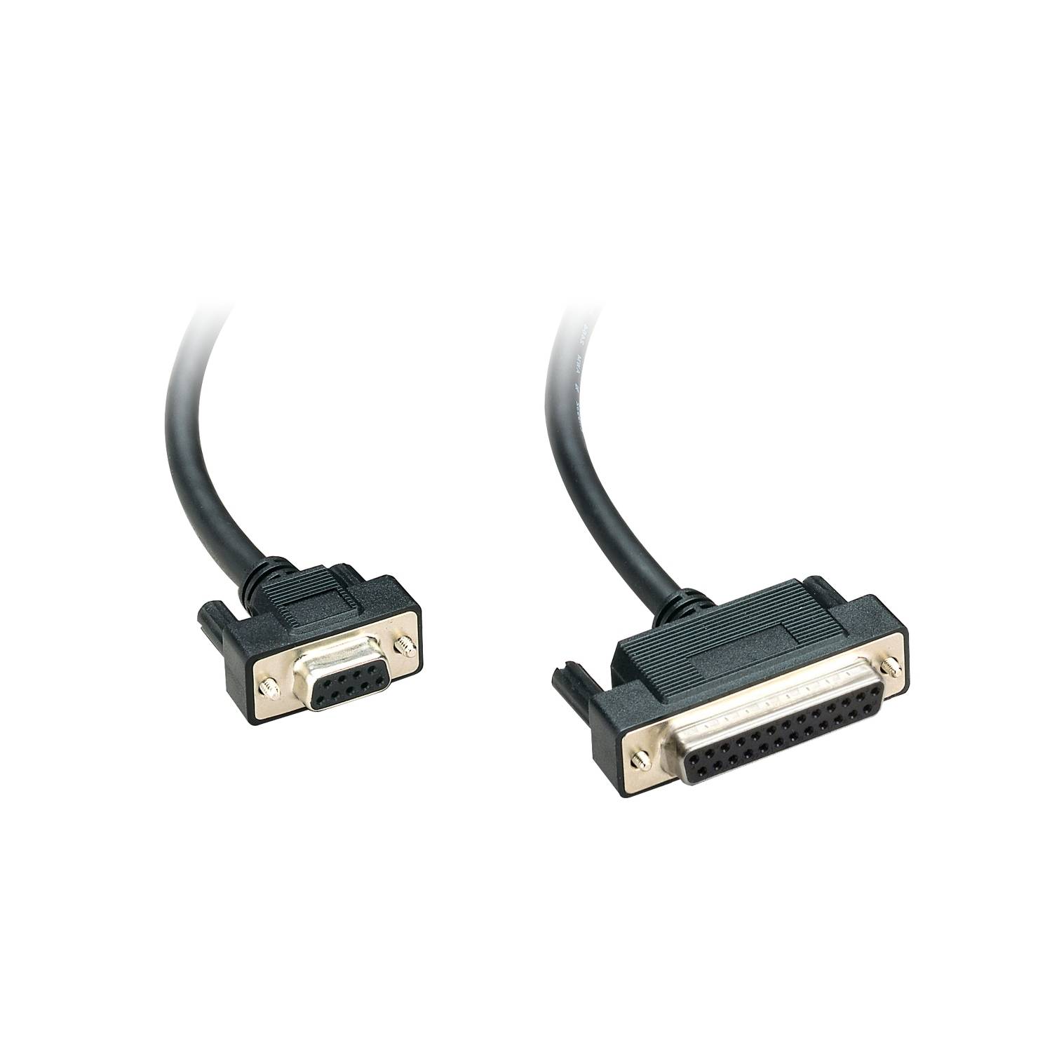 A black data cable with a 9-pin and a 25-pin connector, commonly used for serial connections.