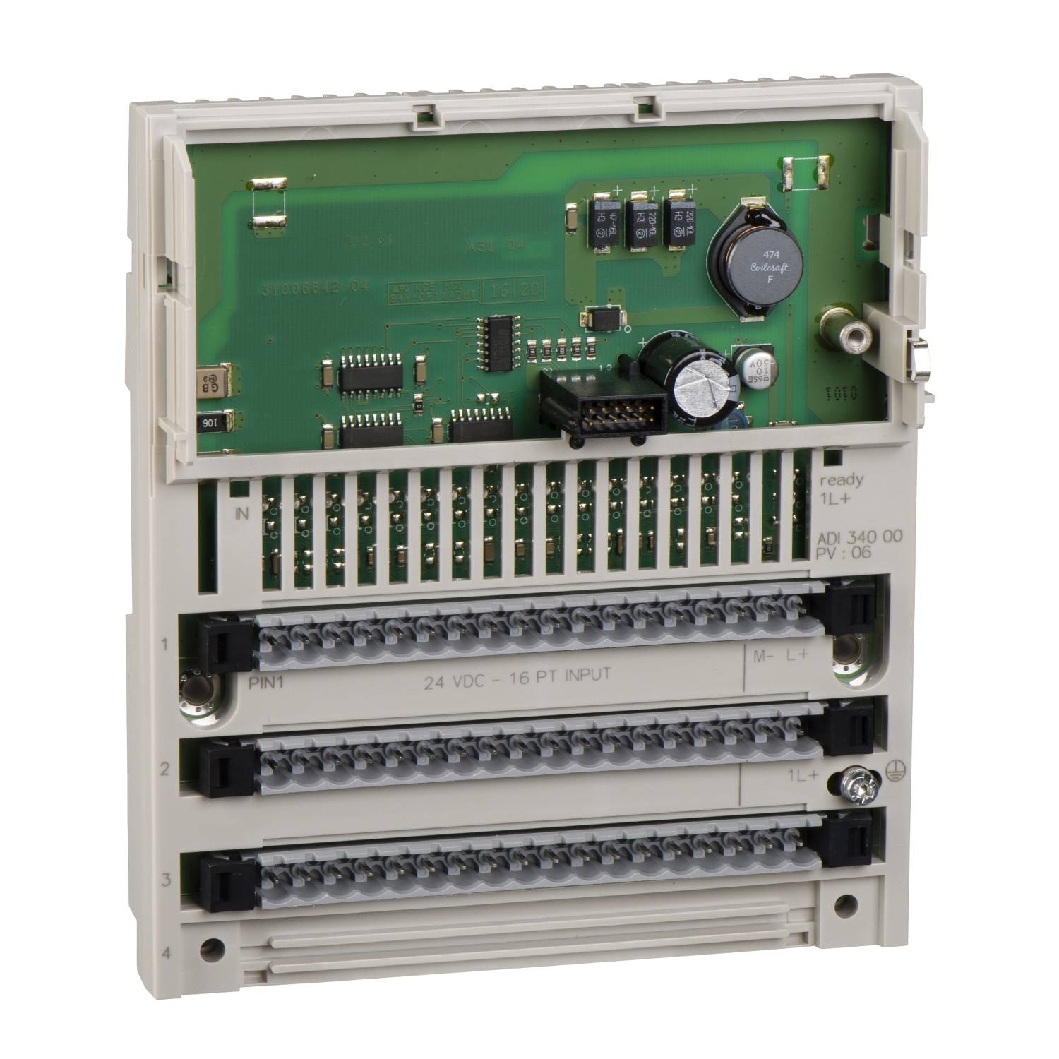 Electronic control unit with a green circuit board, connectors, and components. Used for process control and automation.