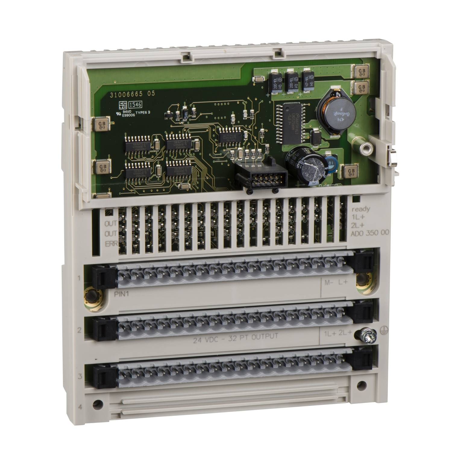 An electronic control unit with a circuit board and numerous connection terminals. Input and output connections are clearly visible.