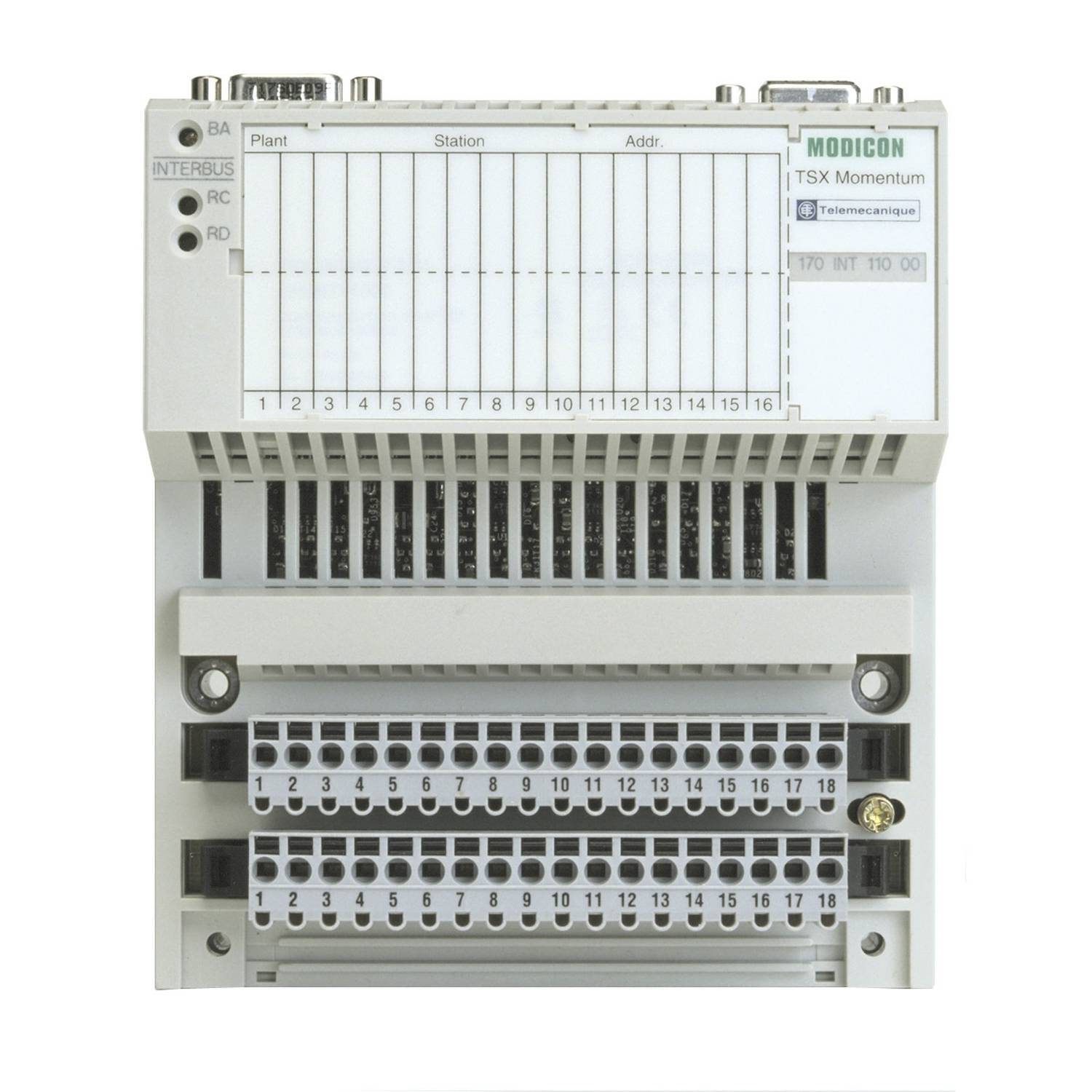 A Modicon TSX Momentum PLC with visible connection terminals and labelling fields for controlling industrial applications.
