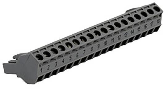 Electrical terminal strip with 24 numbered terminals for organising and connecting cables in control cabinets.