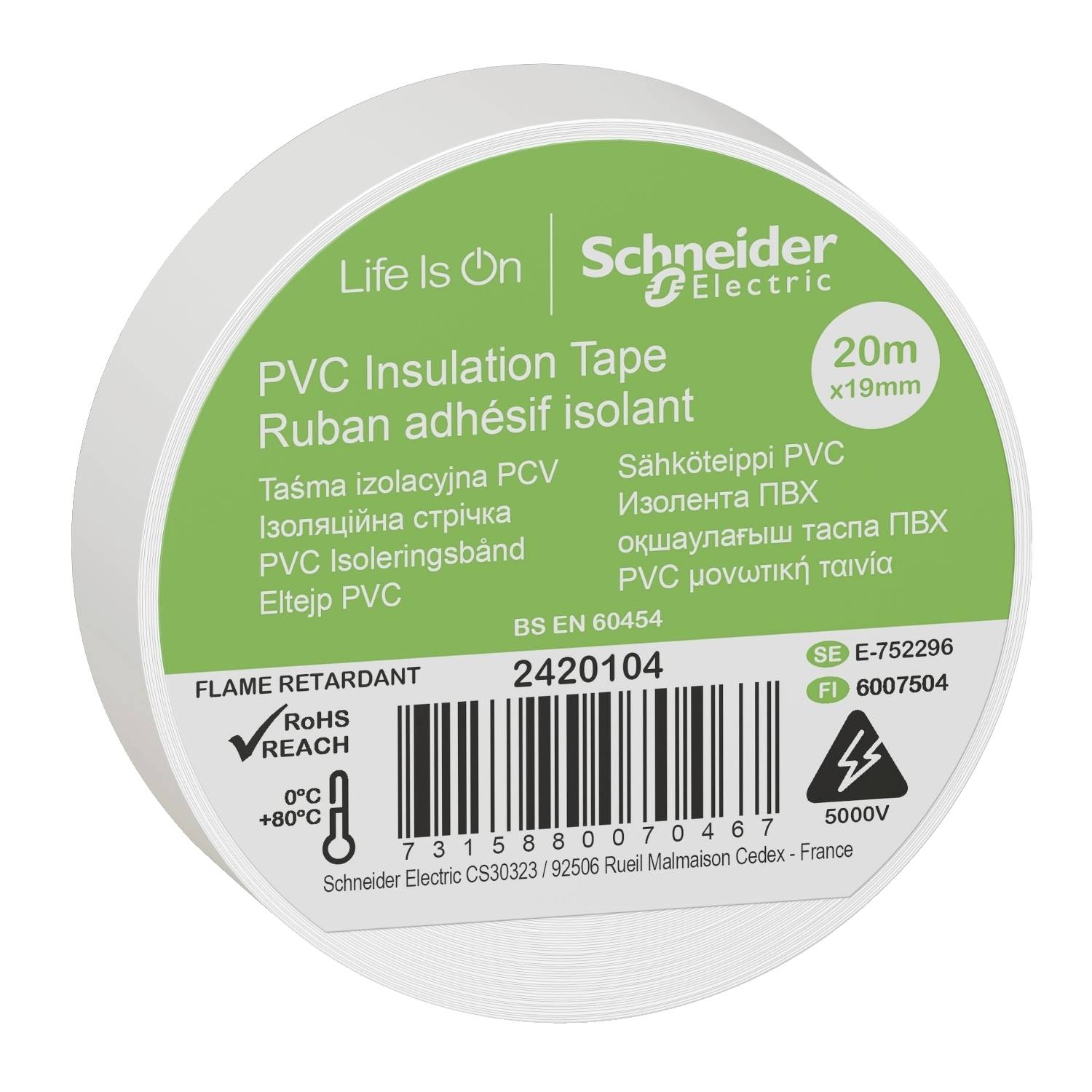 PVC Insulating Tape by Schneider Electric, 20m x 19mm, flame-retardant to BS EN 60454, RoHS compliant, labelled in multiple languages.