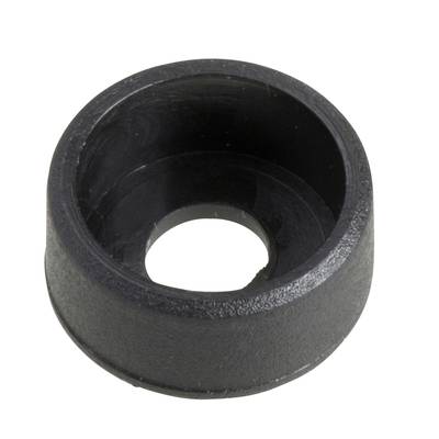 A black rubber ring with an opening in the middle, possibly a seal or shock absorber, against a white background.
