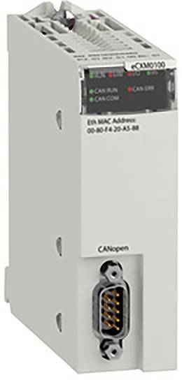 Compact electronic module with multiple connections and LED indicators for network status. Type designation: 'AXM0100'.