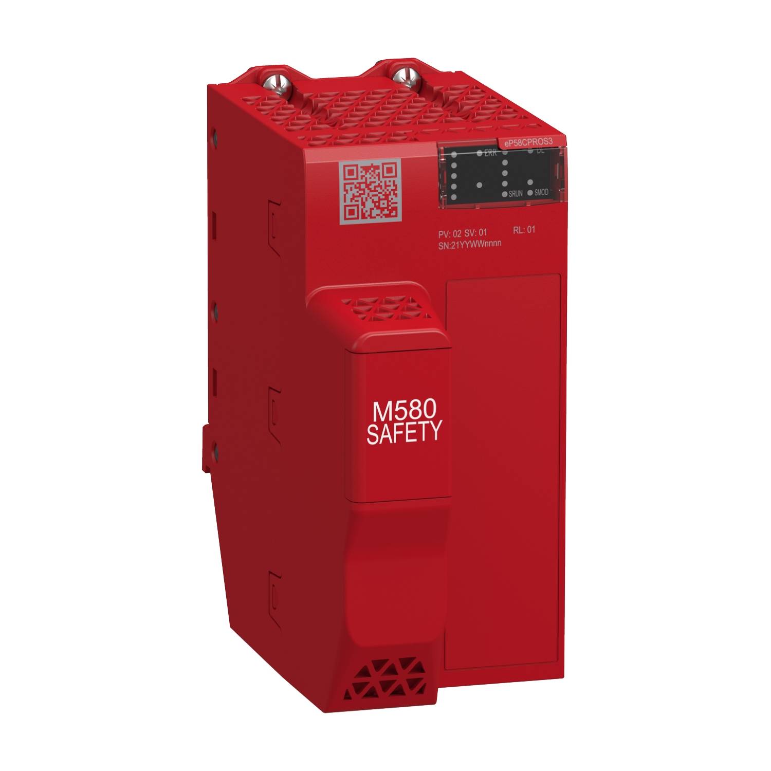 Rotes M580 Safety Module with QR code and labelling, used for safety control in industrial applications.