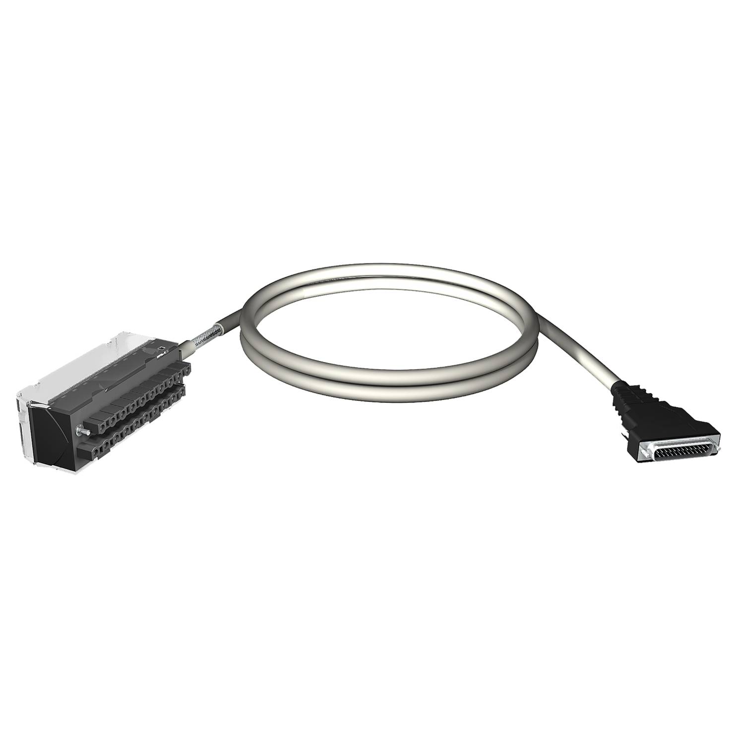 A grey connecting cable with two plugs: a wide, rectangular plug on the left and a flat, trapezoid-shaped plug on the right.
