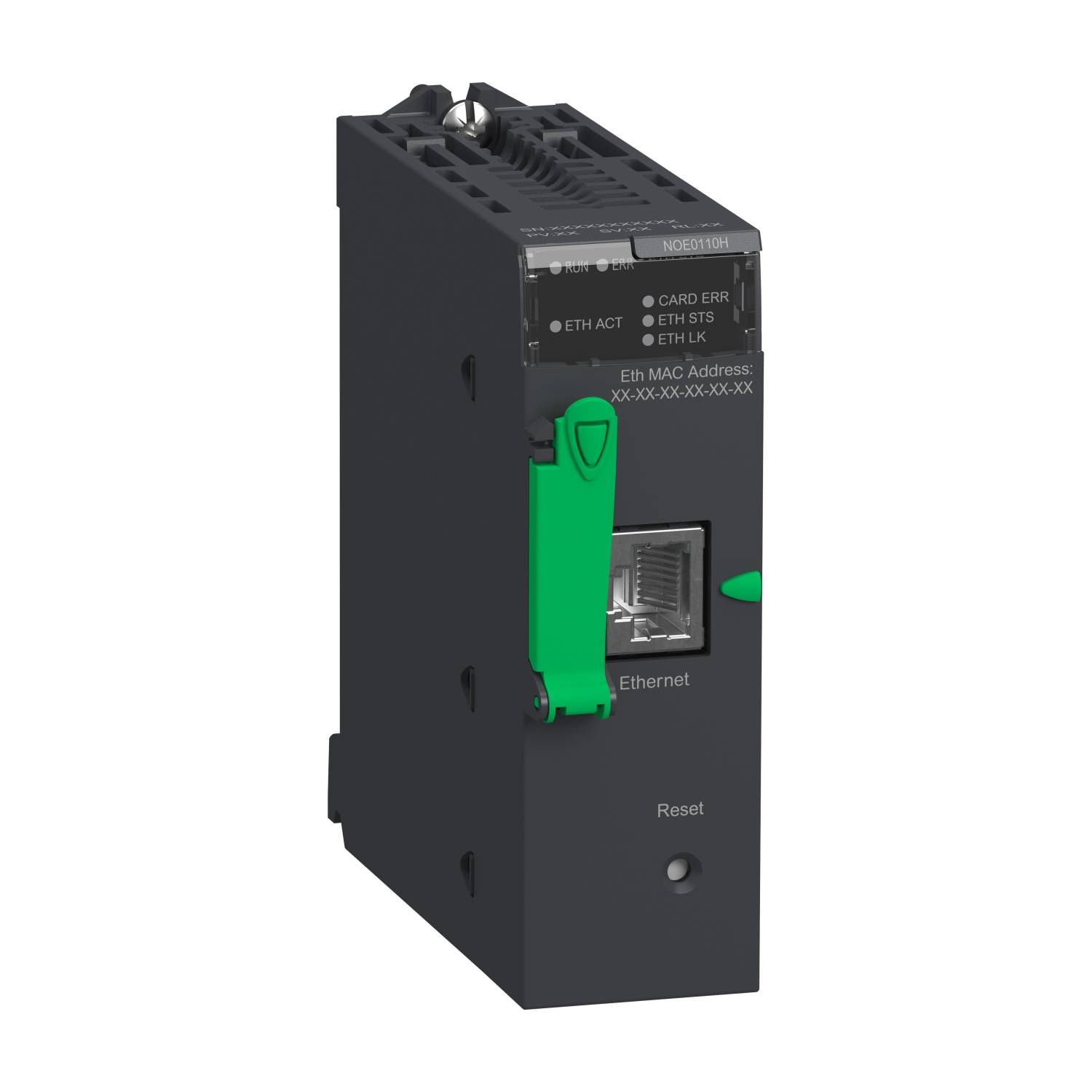 A black Ethernet module with a green locking mechanism. It features Ethernet ports and a reset button.