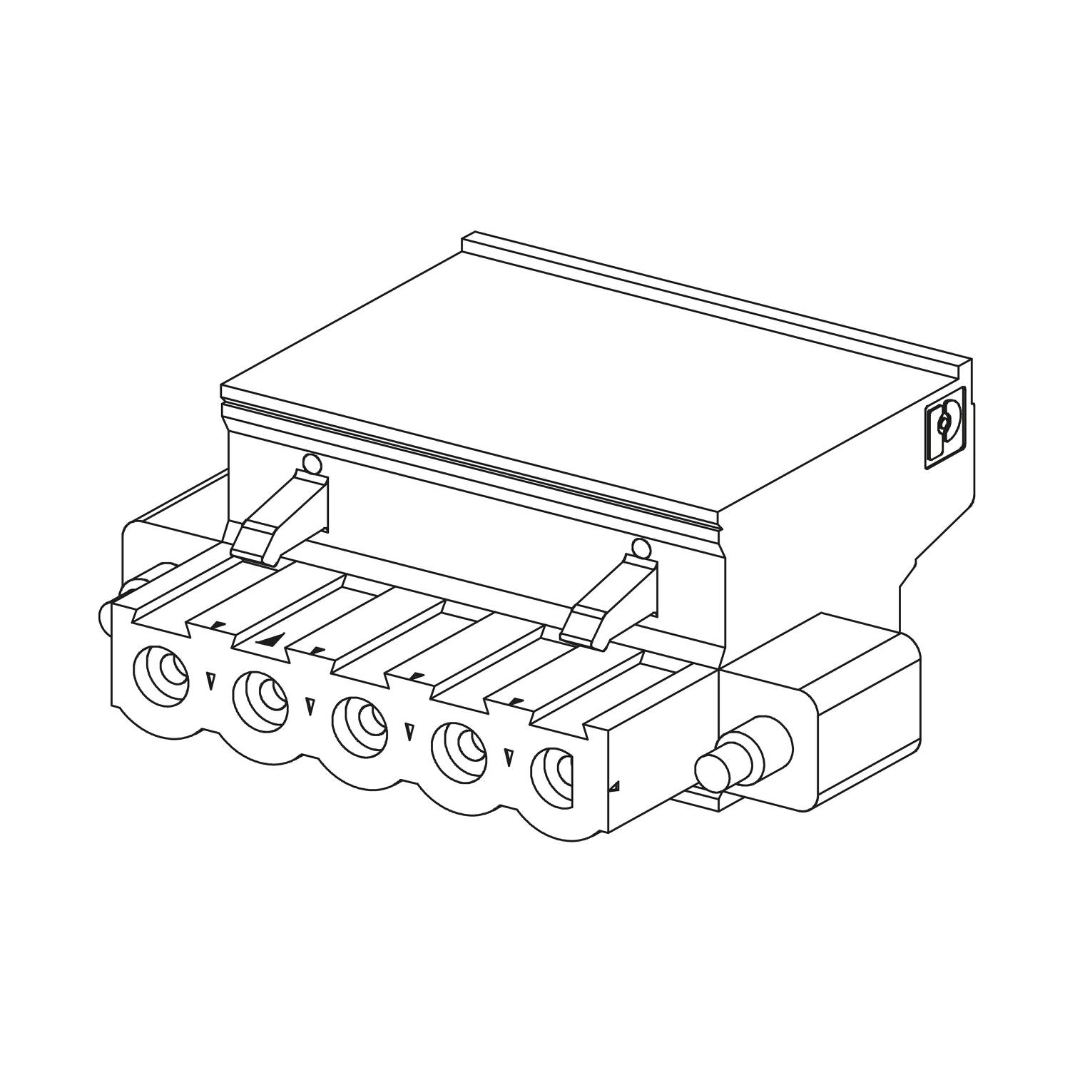 A technical diagram shows a rectangular electrical connector with five slots and a side locking mechanism.