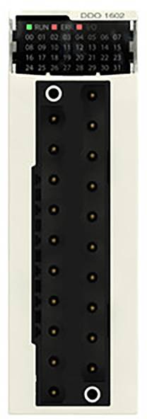 White electrical device with LED indicators and multiple ports. 'RUN' and other status indicators visible at the top, along with interfaces.