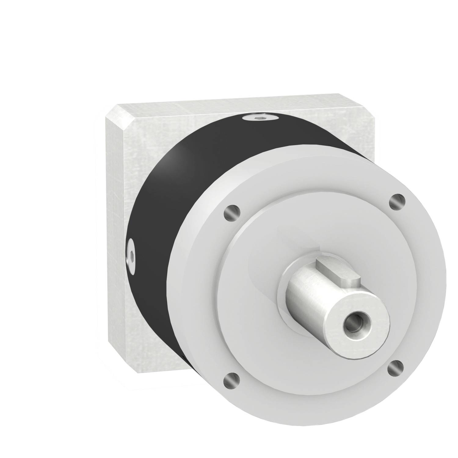 A cylindrical electric motor with visible shaft, mounted on a square housing, against a white background.