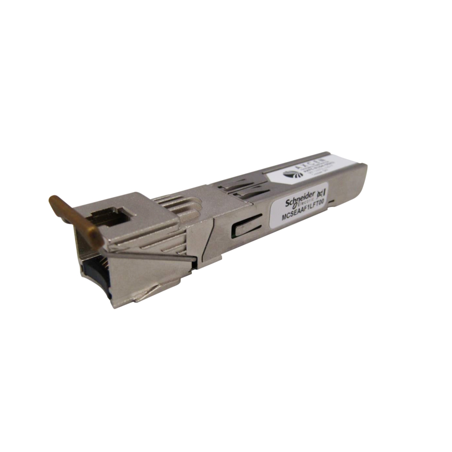 Component view of an SFP module used for network connectivity, with metal enclosure and optical connector.
