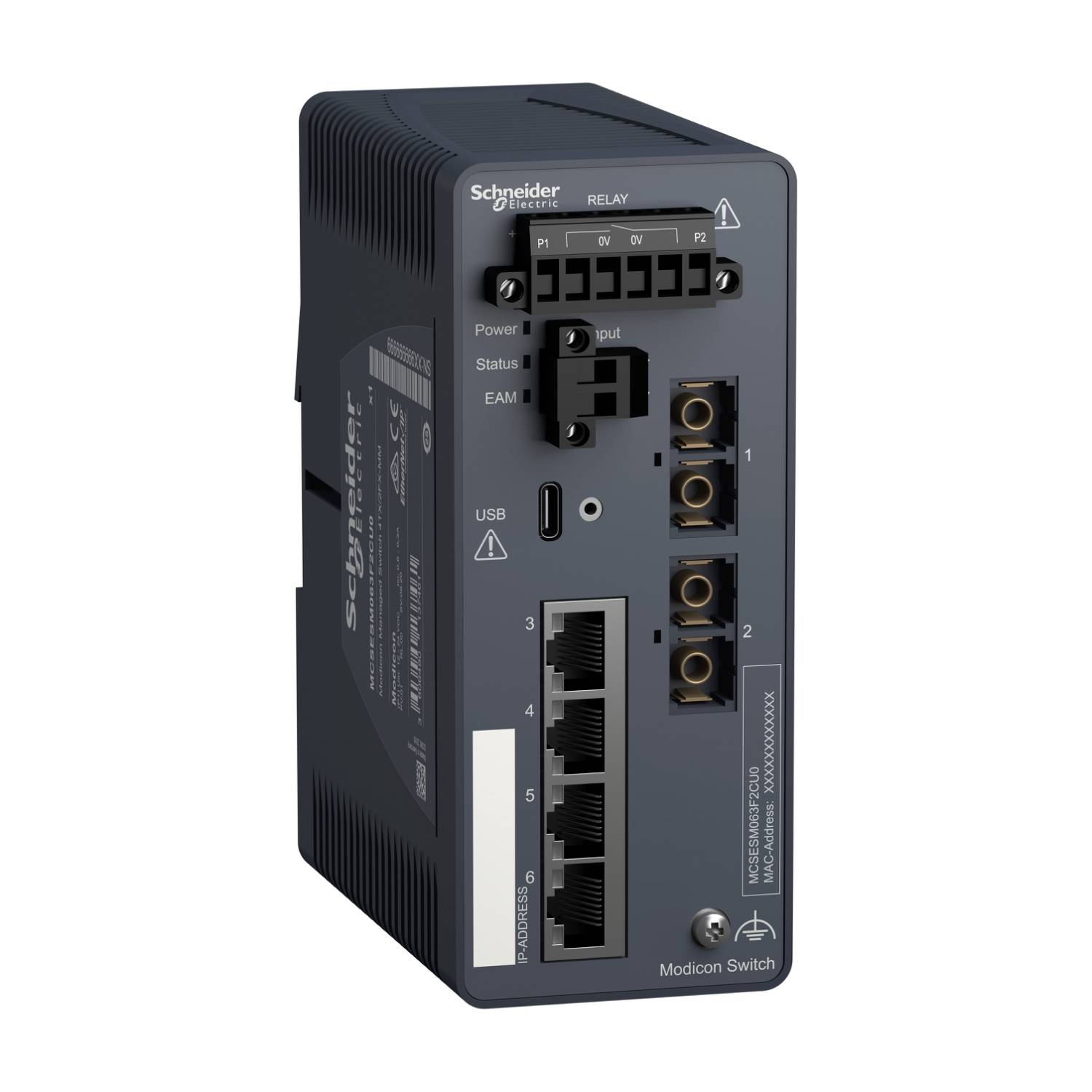 An electronic device with multiple Ethernet ports, a USB input, and LED indicators. Brand: Schneider Electric. Model: Modicon Switch.