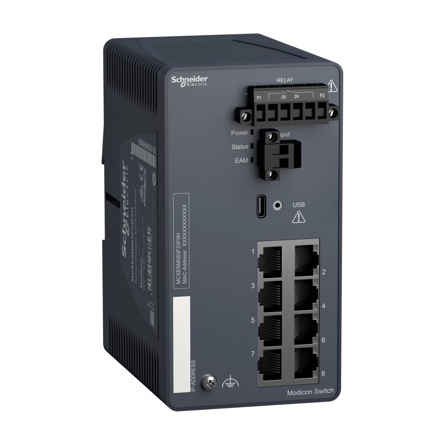 Industrial network switch by Schneider Electric with eight Ethernet ports, USB connection and LED indicators for status and power.
