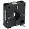 Current transformer with rectangular opening and screw fixing, black housing, metal plates and barcode on the side.