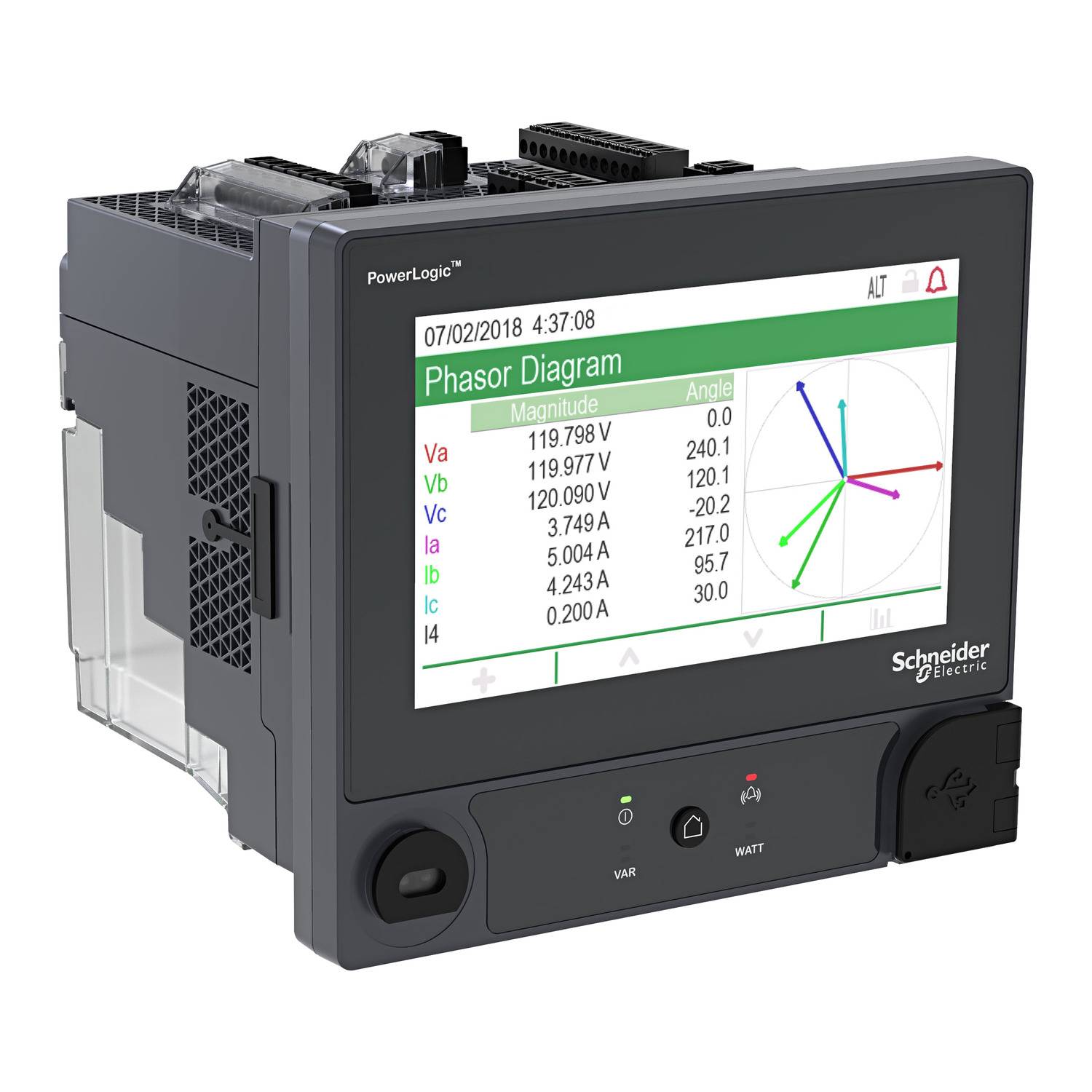 Digital measuring device with display showing a phasor diagram. It indicates voltage and angle measurements for various phases.