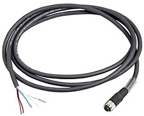 A black cable with exposed coloured wires at one end and a round black plug at the other end.
