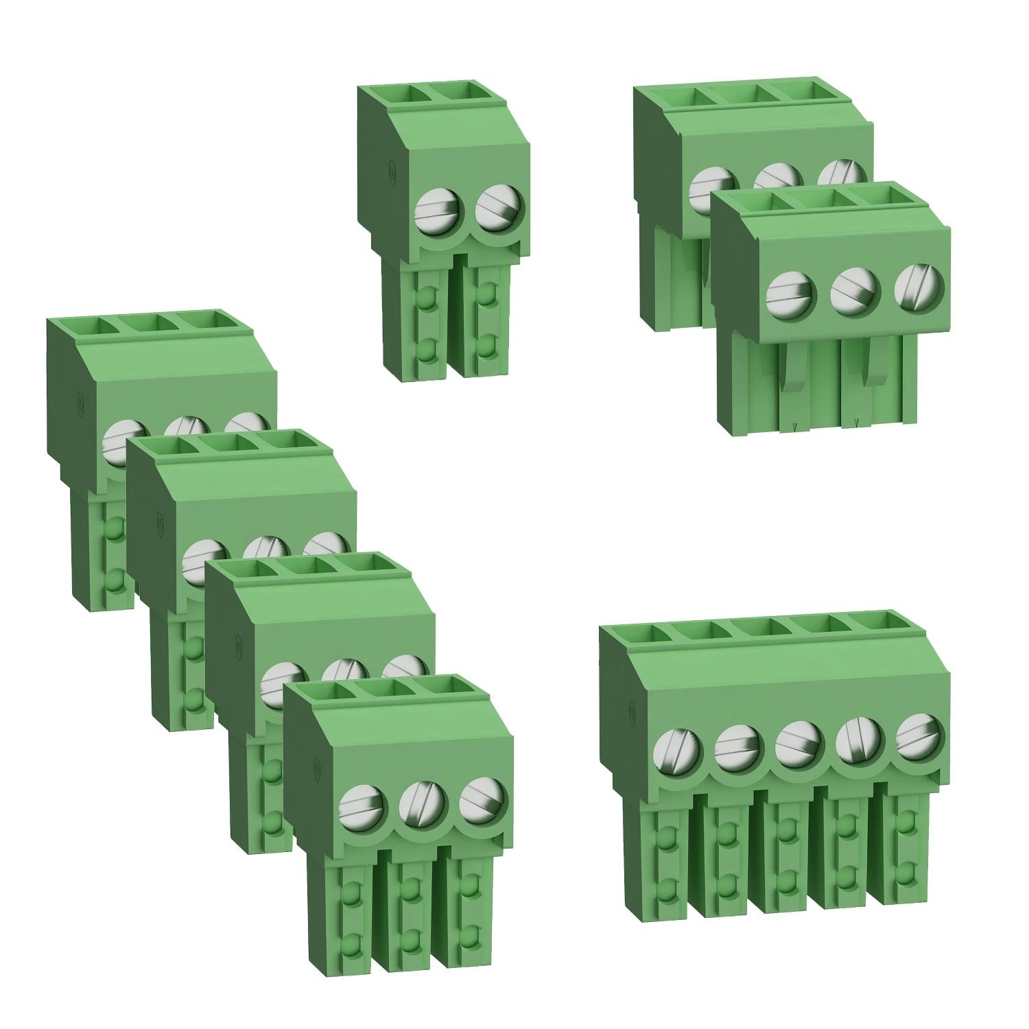 Green electrical connector blocks in various sizes and configurations, arranged side by side for connecting electrical wires.
